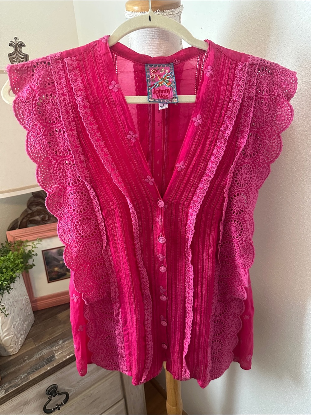 Johnny Was Fuchsia Eyelet Lace Button-Front Blouse - Picture 1 of 6